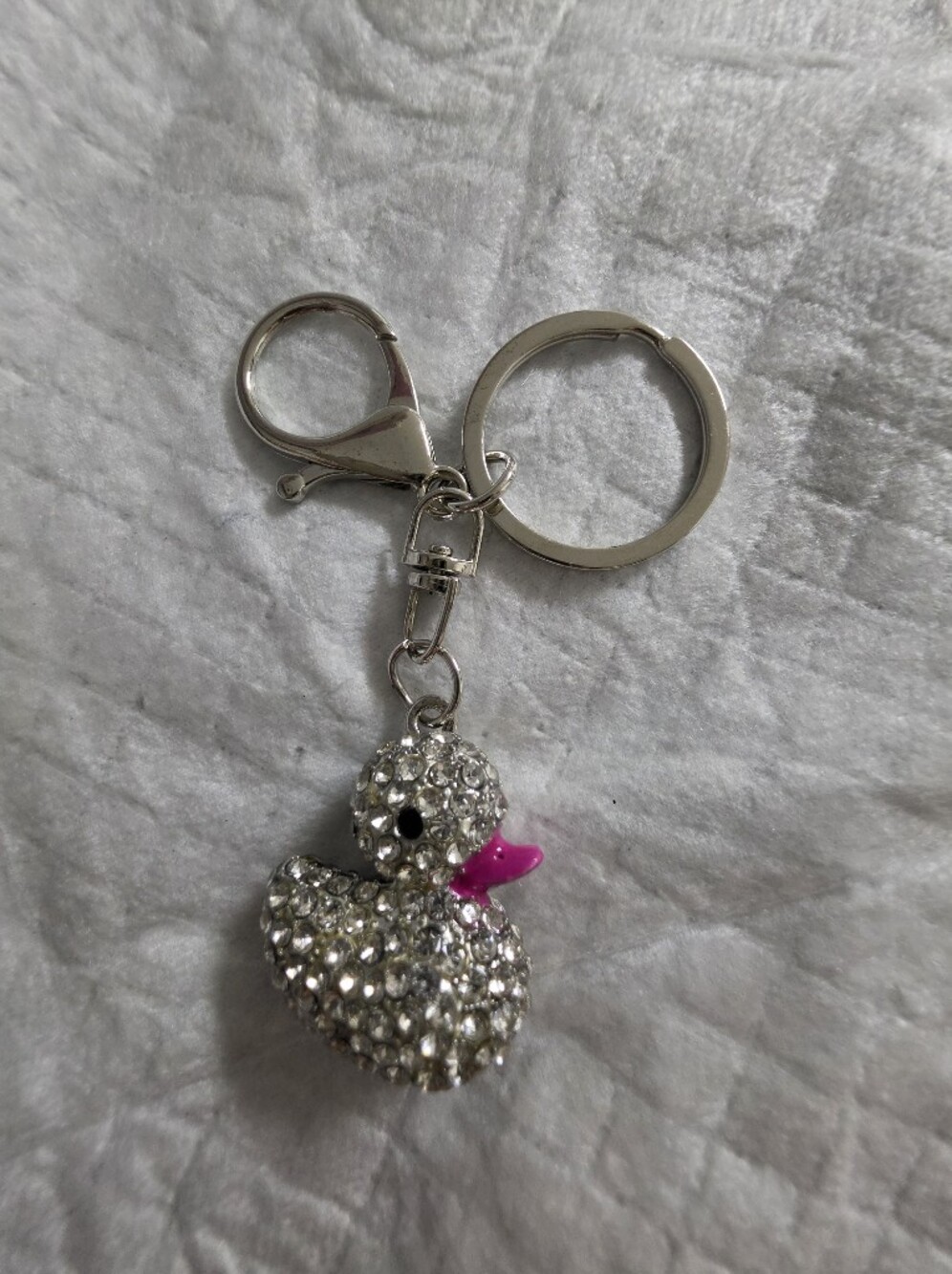 Crystal Duck Keychain Charm - Silver-tone with Pink Beak - Picture 2 of 2